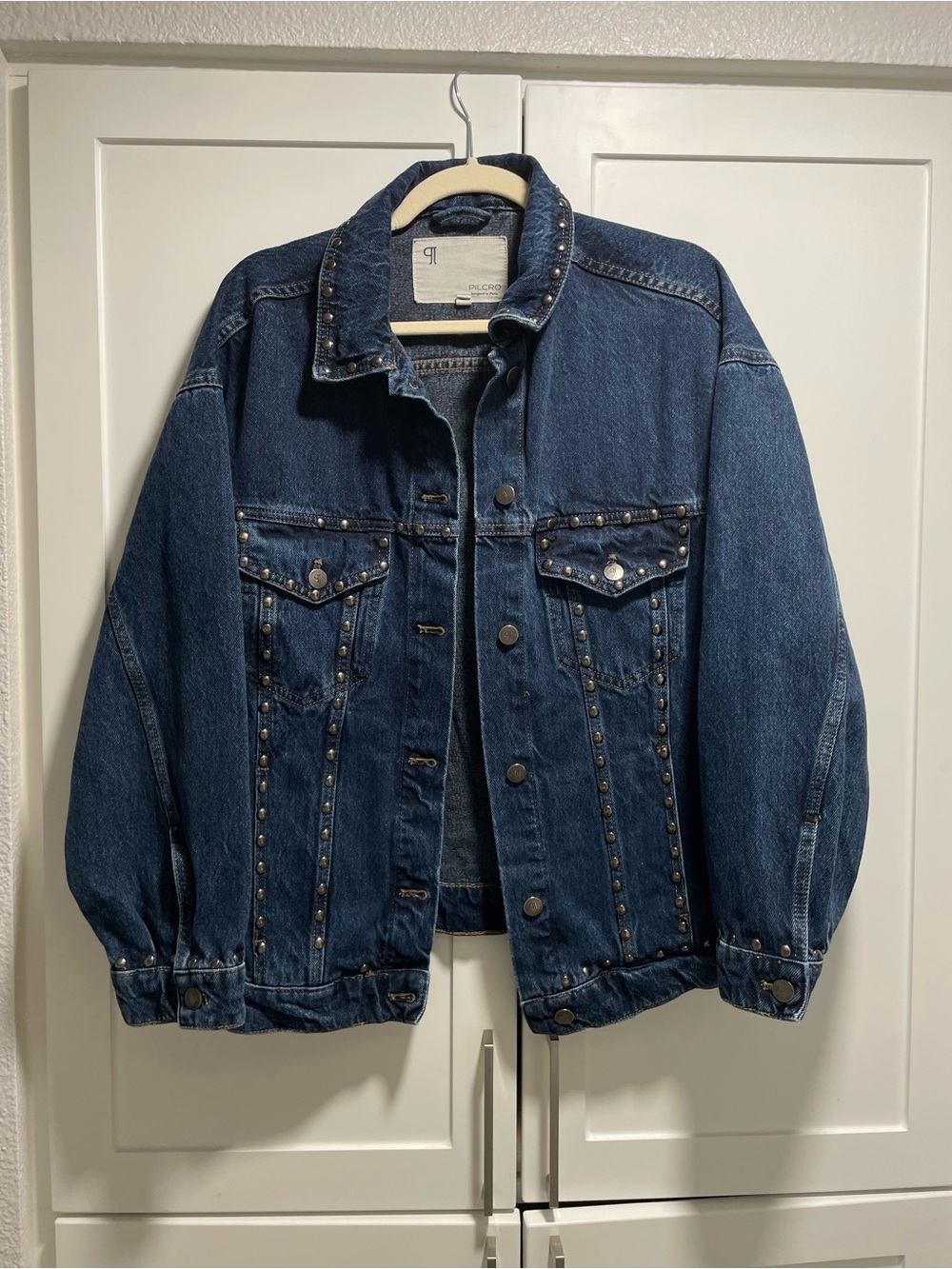 Pilcro The Weston Denim Boyfriend Jacket Studded Medium Dark Wash *Imperfect* - Picture 2 of 11